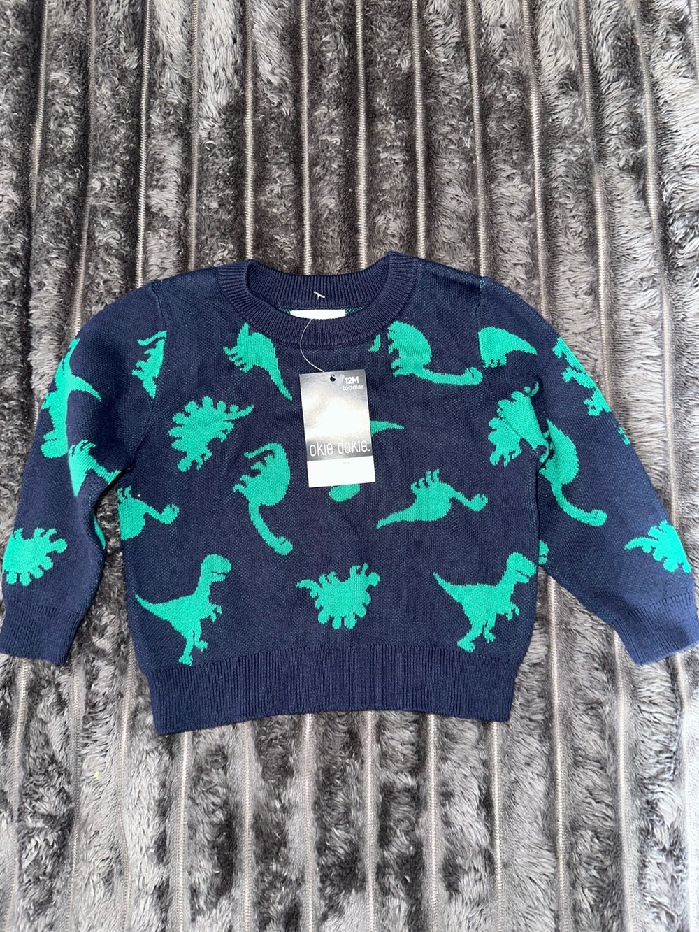 Okie Dokie baby boy Navy Sweater with Teal Dinosaur Pattern